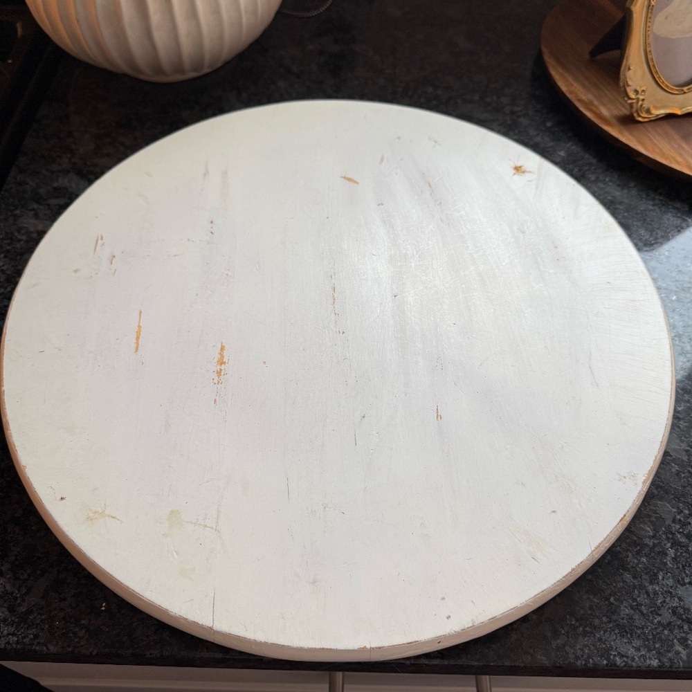 Round Wooden Lazy Susan Turntable White Distressed Serving Tray